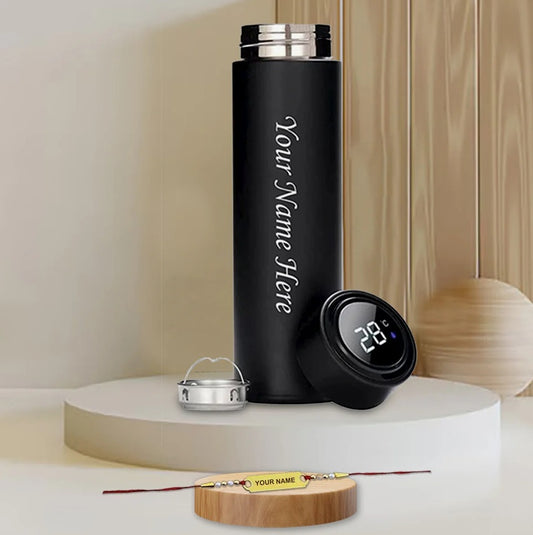 personalized Rakhi Gift Set for Little Sister -Custom Name Engraved Rakhi & Black Water Bottle.